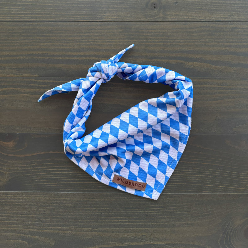 An Oktoberfest Bandana with a blue and white checkered design, featuring a small brown tag labeled "WILDERDOG," is styled in a simple knot and laid flat on a dark, grain-textured wooden surface. Perfect for Oktoberfest, the bandana showcases an eye-catching diamond pattern.