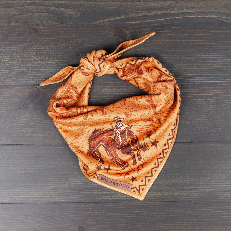 Orange Cowpoke Bandana with vintage cowboy illustration and Smartcart21 brand on dark wood.
