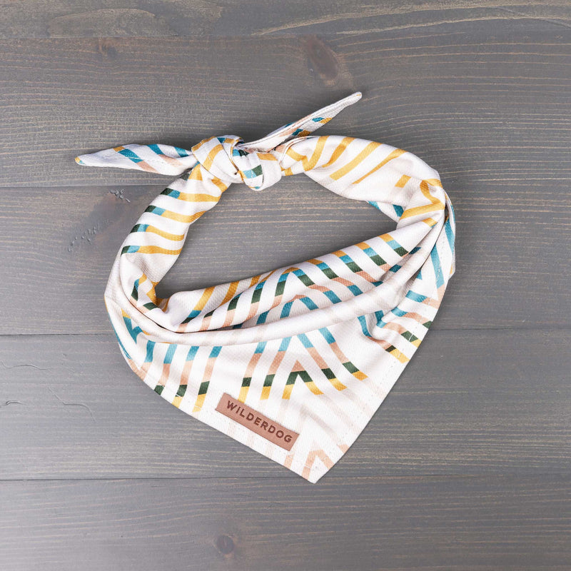 Cream bandana with blue, yellow, green stripes, folded with "Wilderdog" tag, on a wooden surface.