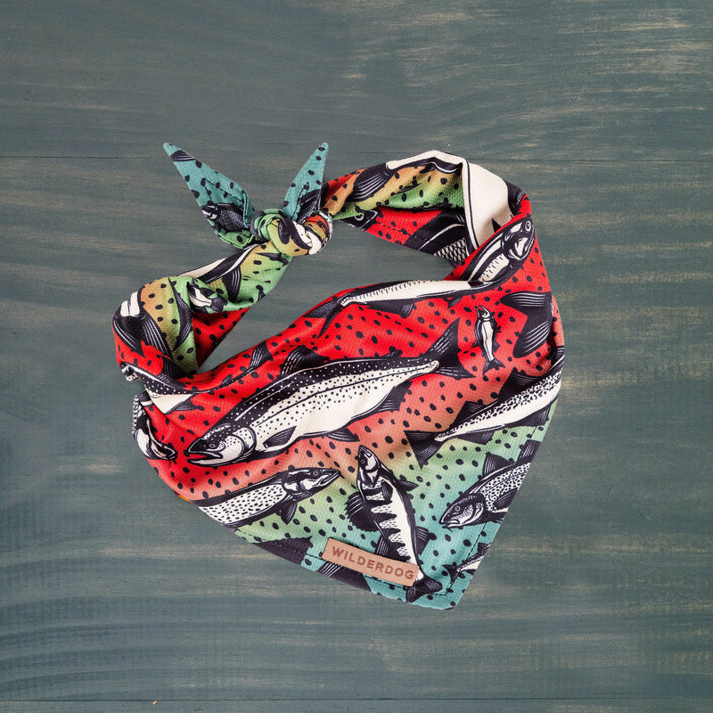 Gone Fishing Bandana with red, green, and black fish pattern, folded on a wood-textured surface.