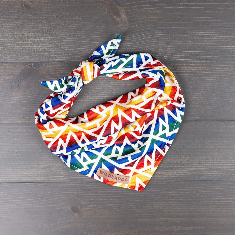 Rainbow Bandana '23 with multicolored geometric patterns, knotted and laid flat on a wooden surface