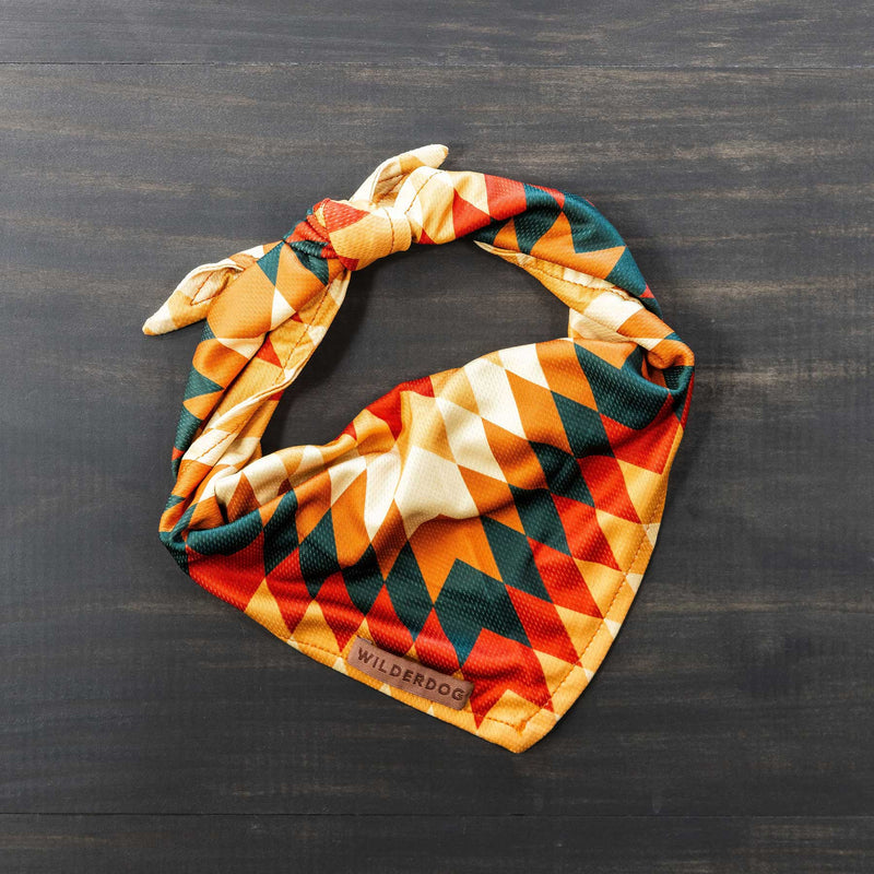 Russet Bandana with geometric patterns in orange, yellow, green, and black