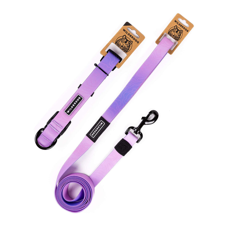 The Aurora Waterproof Leash + Collar Bundle in lavender purple features black metal hardware and Smartcart21-branded brown tags on the handles. Shown coiled and uncoiled, this durable, stink-proof dog gear is perfect for any outing.