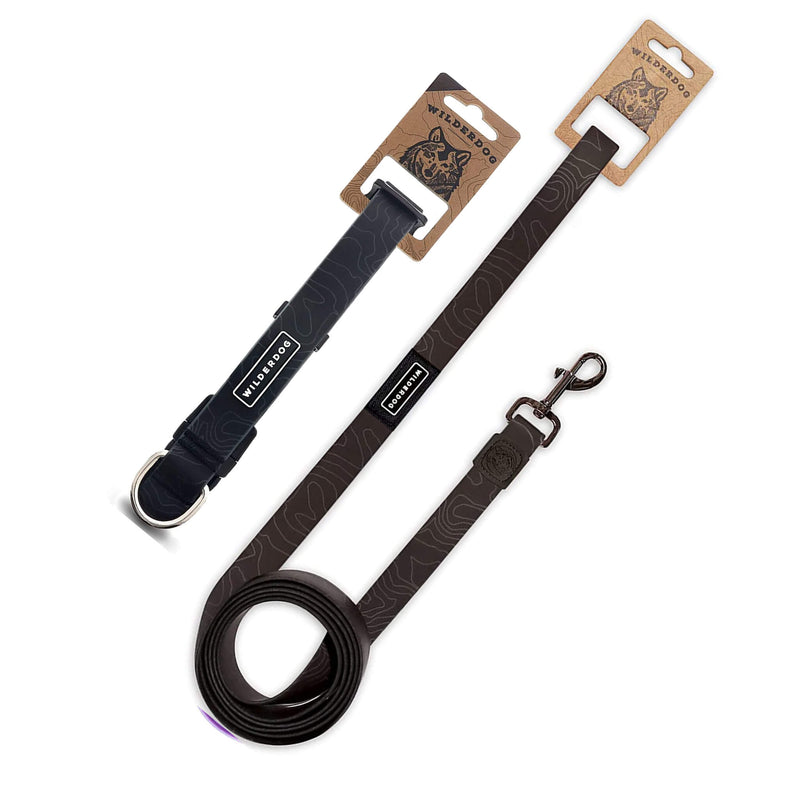The Black Waterproof Leash + Collar Bundle (x) includes a waterproof collar with metal ring and a stink-proof leash with metal clasp, both black with "Wiredog" tags, shown on a white background.