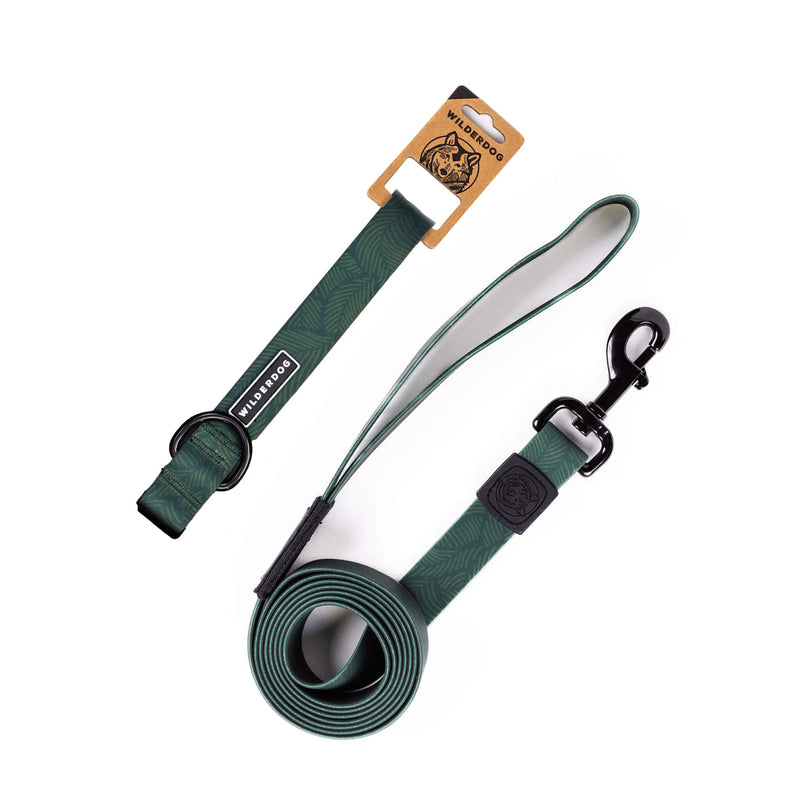 The Cedar Waterproof Leash + Collar Bundle features a green, stink-proof design with a subtle leaf pattern, black metal clasp, padded handle, and branded tag. Durable and partly coiled, it's displayed on a white background.