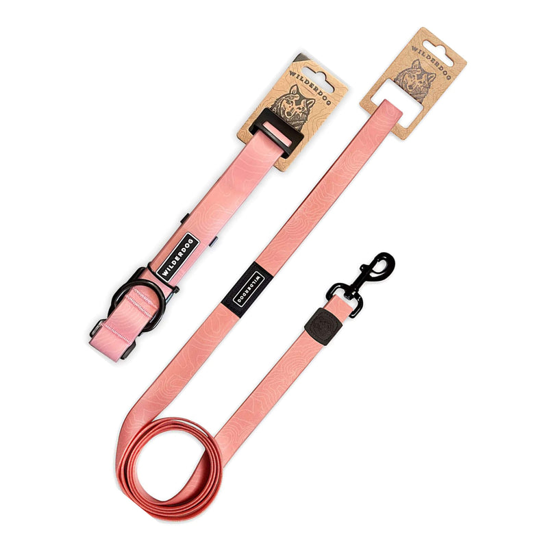 Guava Waterproof Leash + Collar Bundle (x) shown on a white background. Both durable, stink-proof pieces feature metal hardware, branded tags, and cardboard labels attached at the top.