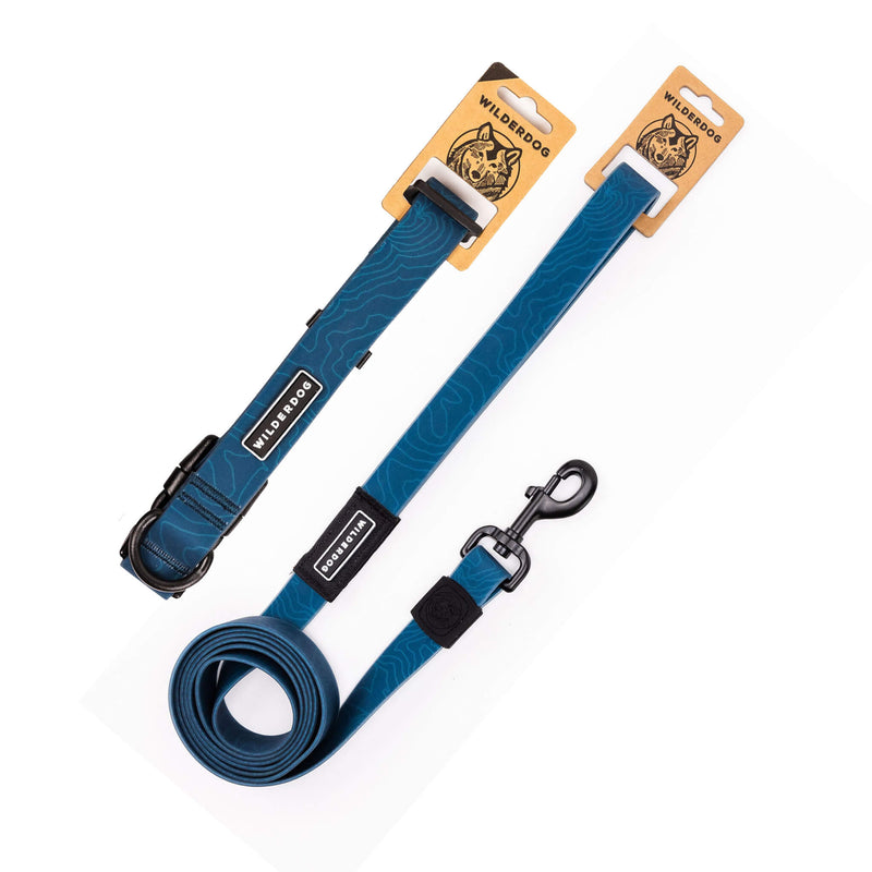 The Pacific Blue Waterproof Leash + Collar Bundle (x) is shown on a white background, featuring black hardware, subtle wave patterns, branded tags, and Smartcart21 logo packaging. Both the leash and collar are waterproof and stink-proof.