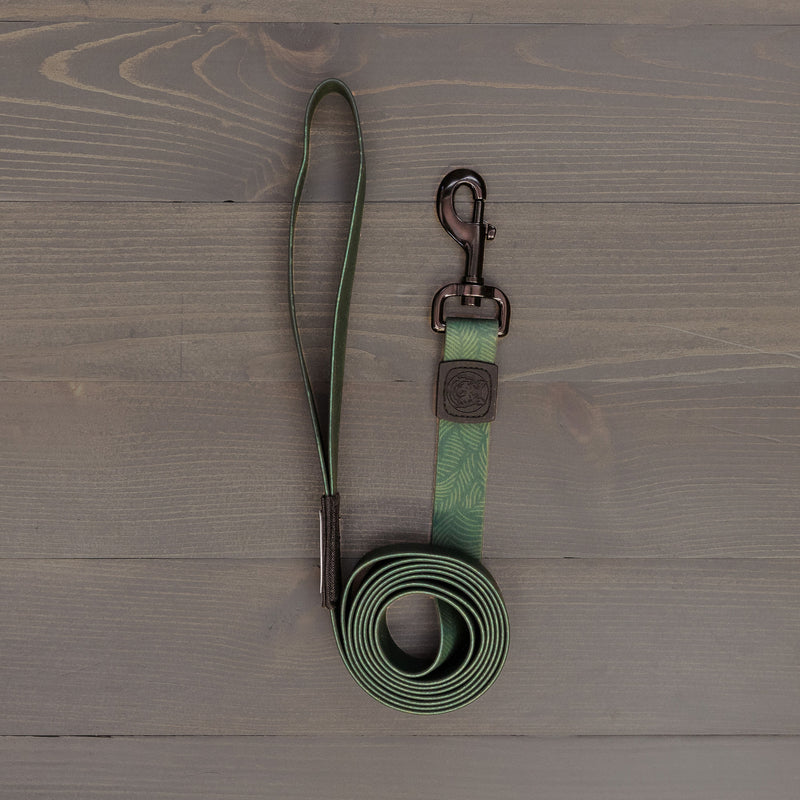 The Cedar Waterproof Leash, a durable green dog leash with a loop handle and metal clasp, is coiled neatly on a wooden surface.