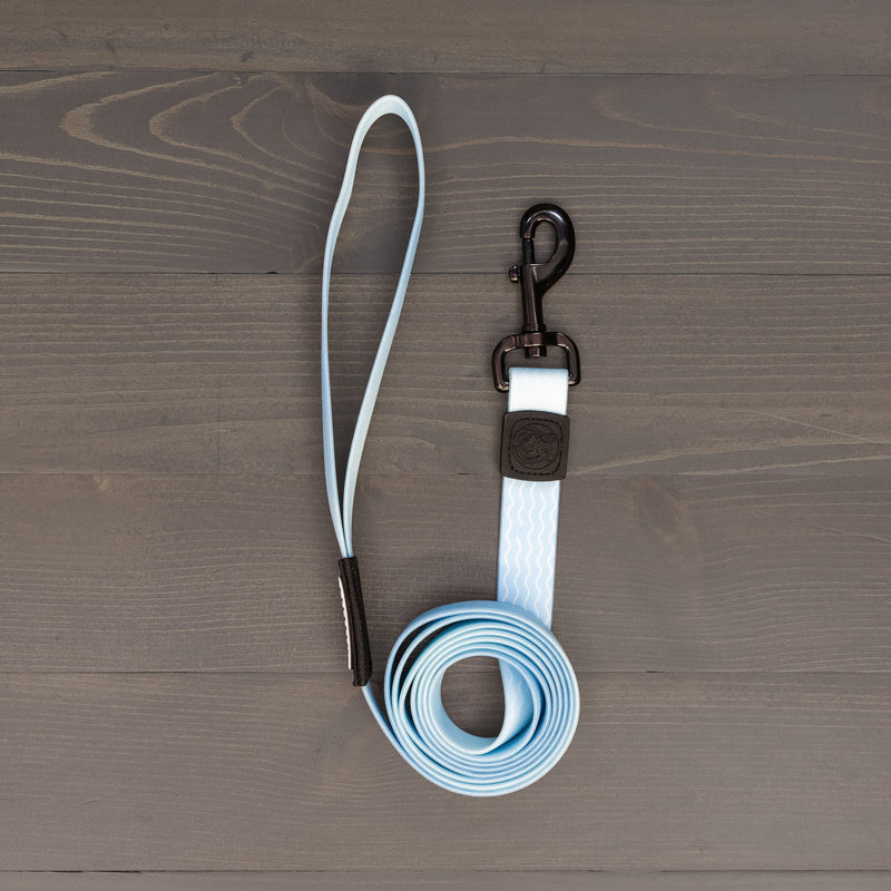 The Saltwater Waterproof Leash in light blue, featuring a durable build, loop handle, and metal clip, is shown coiled neatly on a gray wooden surface.