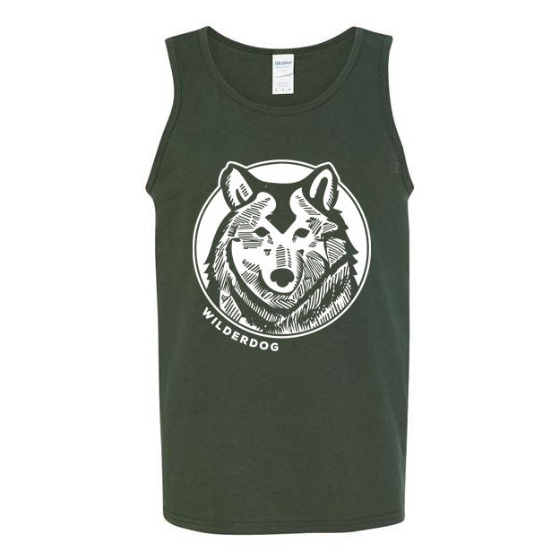The Smartcart21 Wolf Tank is a dark green sleeveless pup tank that features a white graphic design of a wolf's face within a circle. Below the wolf logo, the word "WILDERDOG" is written in white capital letters. Crafted from Gildan Heavy Cotton for durability and comfort.