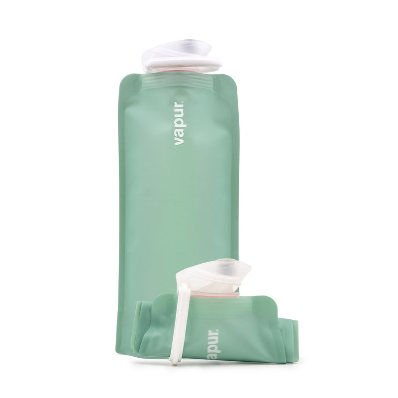 Two green Vapur foldable water bottles: one upright, one folded. Ideal for dog backpacks, 0.7L size
