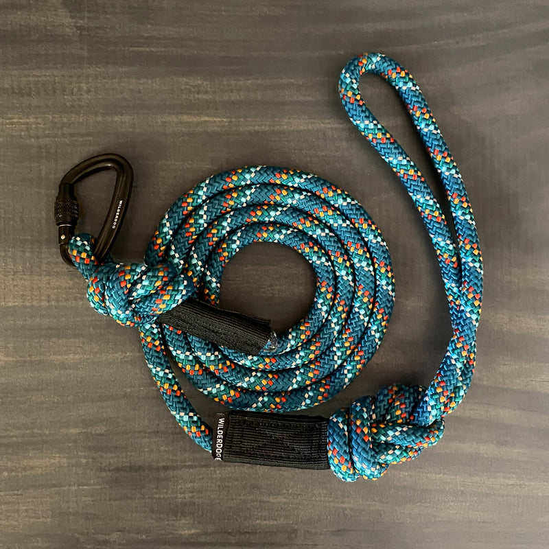 A coiled Pacific Blue Small Carabiner Reflective Leash with an attached black carabiner lock lies on a gray surface. Both ends of the leash are looped, with the carabiner attached to one end, making it suited for climbing or outdoor activities.