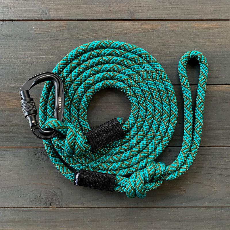The Cascade Leash, a durable rock climbing rope with a dark-striped green and black pattern, complete with a black carabiner attached at one end, lies coiled on a wooden surface. Featuring small loops secured with black fabric, this versatile piece of gear even doubles as a sturdy dog leash.