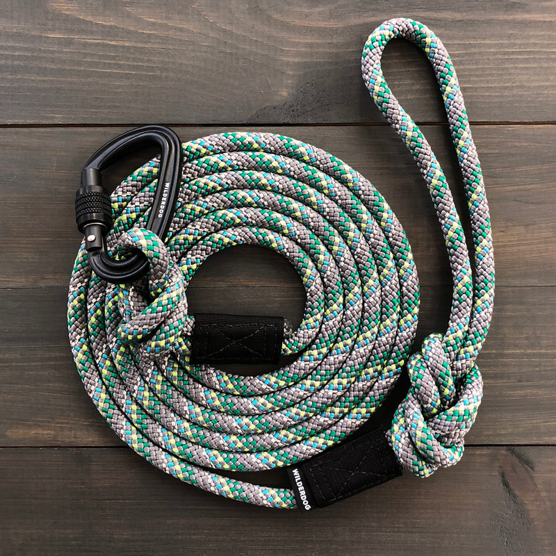 The Alpine Reflective Leash is a durable and vibrant accessory, sporting a colorful gray, green, and white pattern. It features a black carabiner clipped on one end and a loop knot tied on the other. This high-quality leash is coiled neatly on a dark wooden surface, offering both style and assurance with its lifetime warranty for peace of mind.