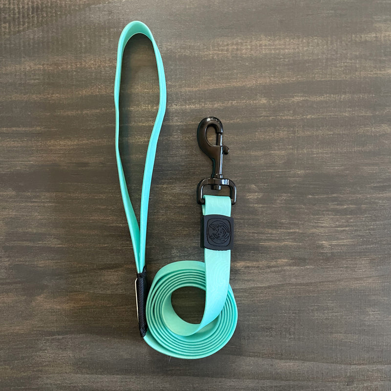 A rolled-up Seafoam Waterproof Leash with a black clip lies on a dark wooden surface. The durable dog leash features a loop handle for easy grip and a circular emblem just below it.