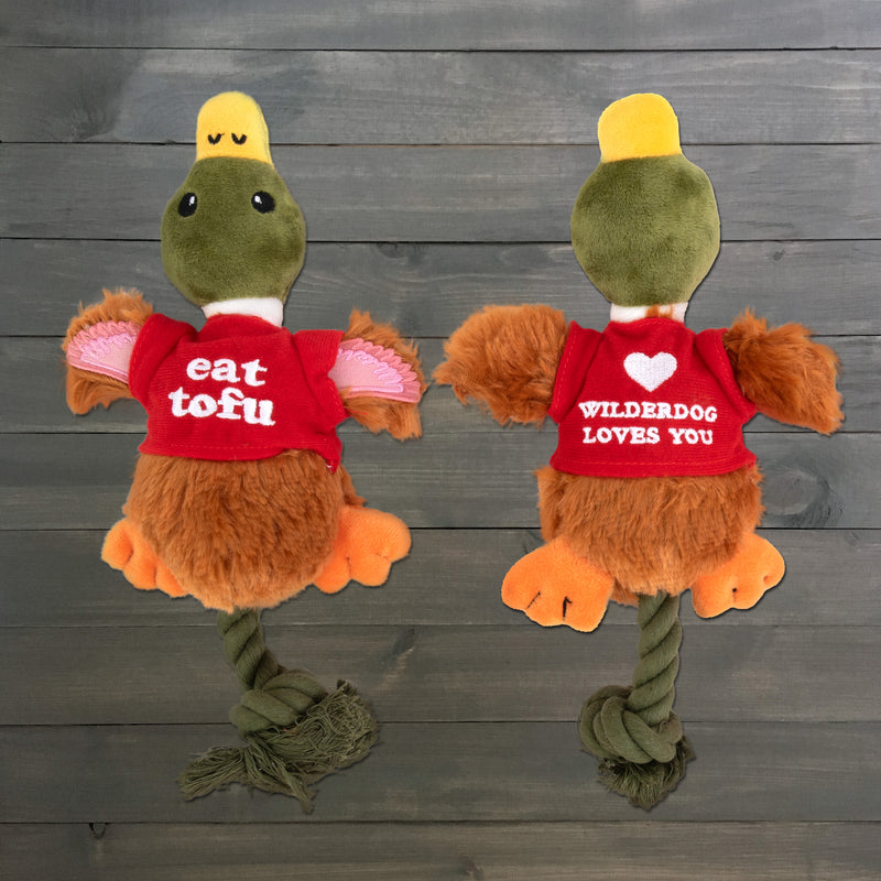 Two Tofu Duck Stuffy toys with yellow bills, green heads, orange feet, and knotted rope tails.